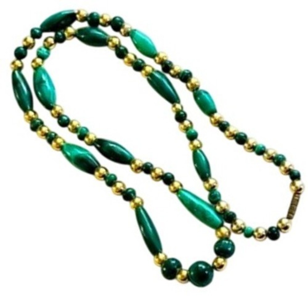 VTG Green Malachite Stone Beaded Necklace brass beads Natural Genuine Collar 23"
